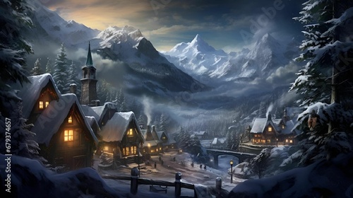 AI generated illustration of a winter scene, a quaint Christmas village adorned in snow-dusted trees