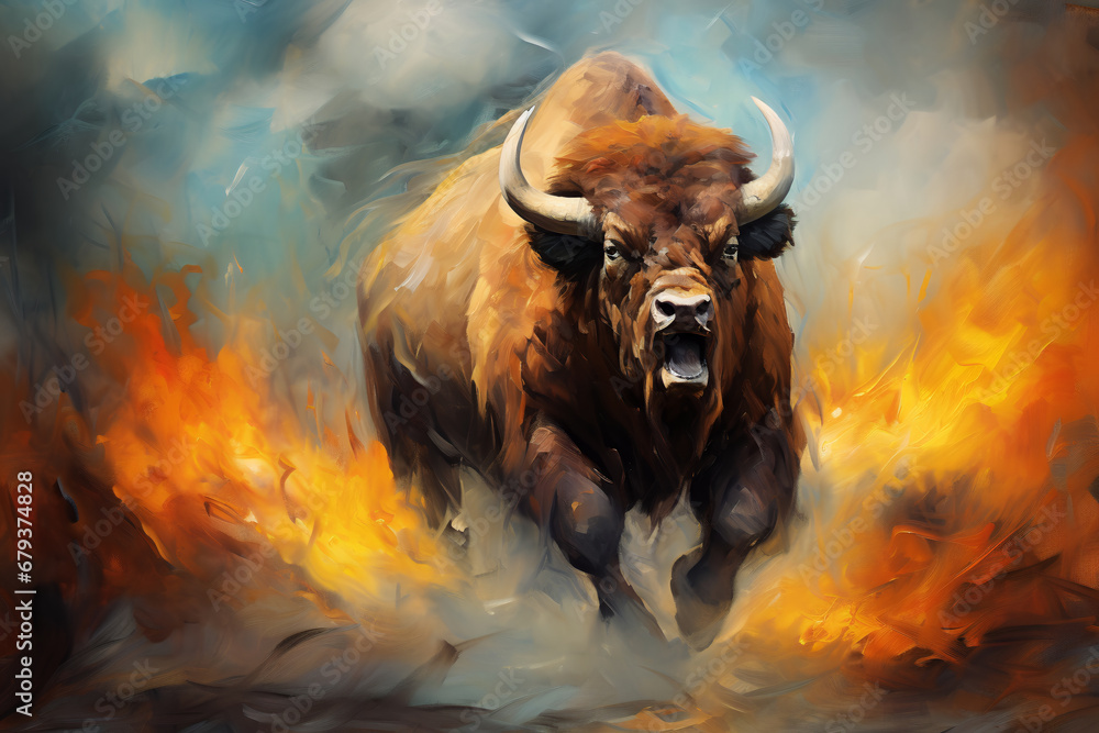 Big angry bison. Oil painting in impressionism style. - obrazy, fototapety, plakaty 