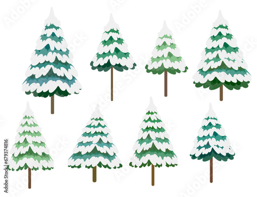 Snow covered pine tree set. Winter vector illustration.