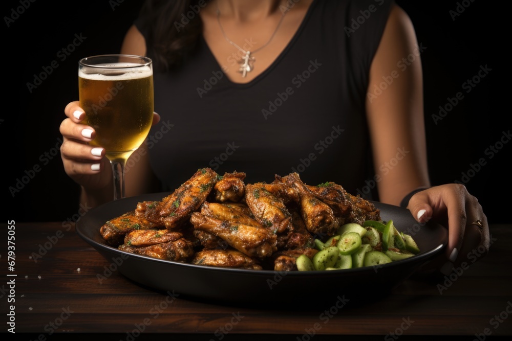 Brews Wings Bliss: Savoring the bliss of brews and wings, a woman relishes the combination of beer refreshment and flavorful fried chicken wings