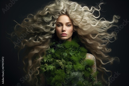portrait of a woman with flowing white hair entangled in fir branches on a black background