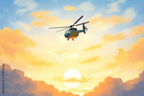 silhouette of helicopter flying against a sunset sky