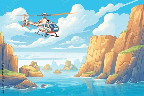 a helicopter flying near rocky cliffs and coastline
