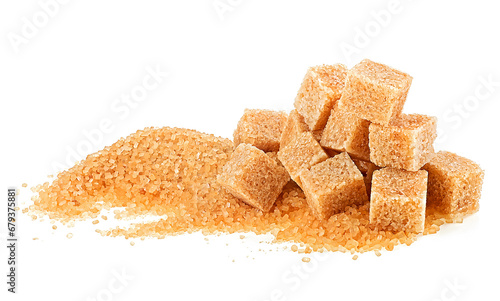 Pile of brown granulated sugar and sugar cubes isolated on a white background. Brown cane sugar. photo