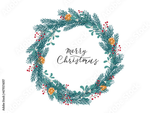 Christmas Wreath of pine Fir branches, mistletoe, red berries and dry orange. Natural Eco Xmas Decoration. Flat illustration isolated on white. Winter holidays Design element