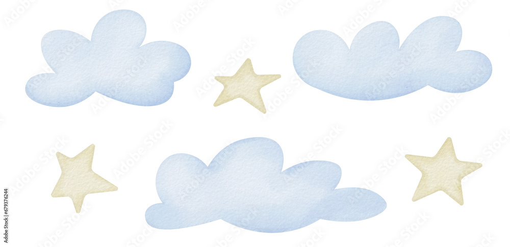 Clouds and Stars Set. Watercolor illustration of sky. Hand drawn cute ...