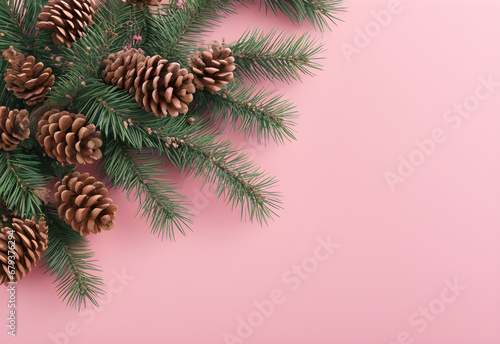 Christmas composition. Christmas fir tree branches, gifts, pine cones on wooden white rustic background. Flat lay, top view. Copy space. Banner backdrop.