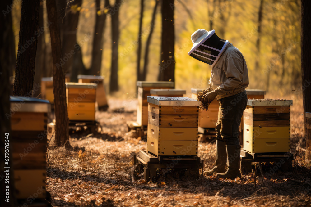 beekeeper working with many bee hives in garden. Beekeepers concept. beekeeper working with many bee hives in garden. Beekeepers concept.
