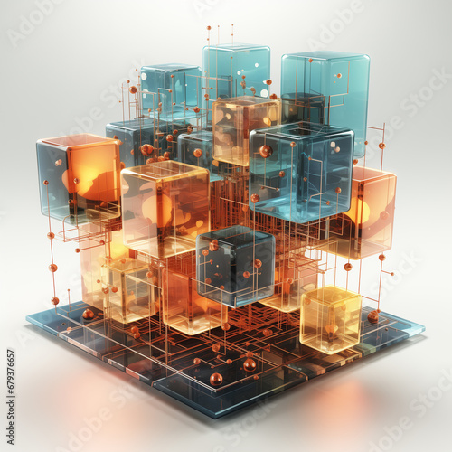  representing blockchain technology with interconnected blocks and cryptocurrency symbols.