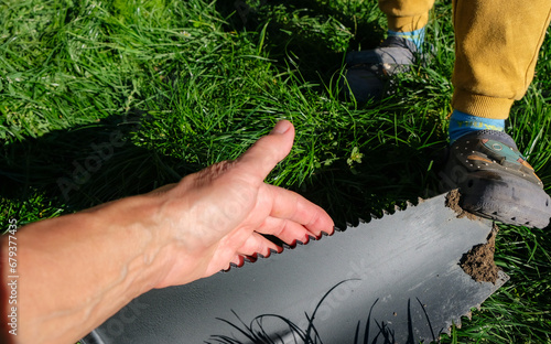 Root stayer shovel. A gardener's hand shows the sharp teeth of a spade. The child helps in the garden. Funny photo. photo