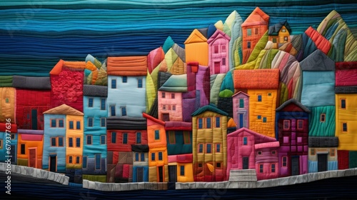 Colorful quilted fabric houses on a textured blue background, showcasing creativity, community, diversity, comfort, and craftsmanship in a playful urban tapestry. photo