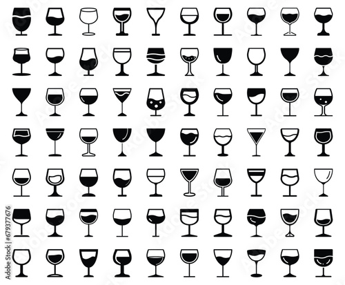 Set of wine glasses, drink glasses, alcoholic drinks, black and white, vector illustration isolated on white background