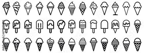 Set of ice cream icons, outline, popsicle sticks and cones, vector illustration isolated on white background