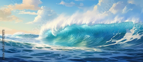 Beautiful Huge sea waves with foam of blue and turquoise color with clear sky.