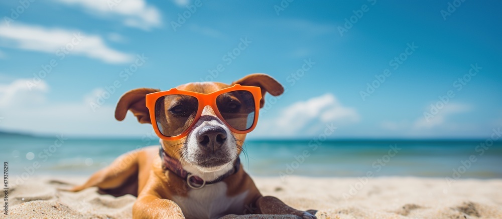 Funny dog wearing sunglasses in summer day at beach. AI generated image