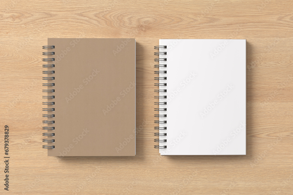 Notebook mockup. Closed and open blank notebook with craft paper cover. Spiral notepad on wooden background Notebook mockup. Closed and open blank notebook with craft paper cover. Spiral notepad on wooden background