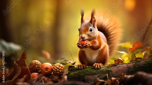 The red squirrel animal eating acorn on nature blur background © orendesain99