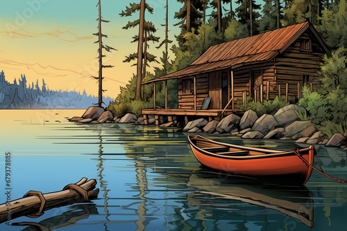 Obraz na plátně rowboat to a dock by a secluded log cabin, magazine style illustration