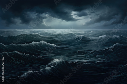 Blue ocean panorama with sun reflection, black blue sky, sea haunted cloud, scary ocean, depression background