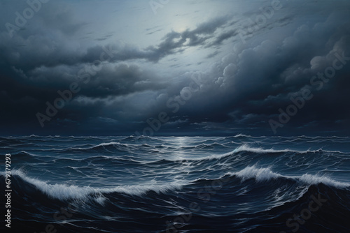 Blue ocean panorama with sun reflection, black blue sky, sea haunted cloud, scary ocean, depression background © skunevski