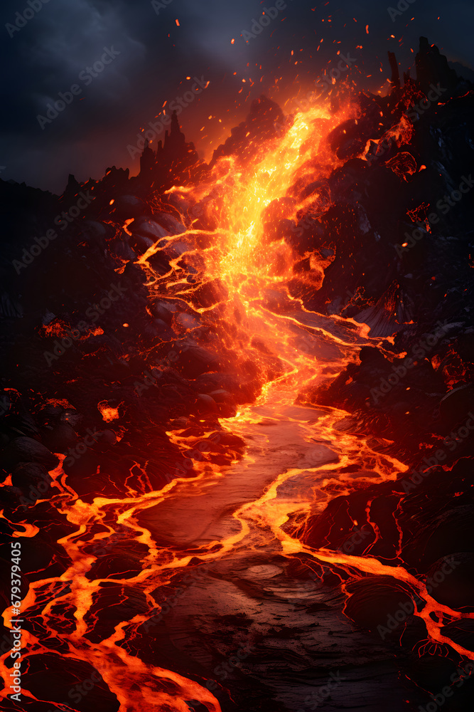 volcanic eruption, streams of incandescent lava flow down the slope. environmental disaster.