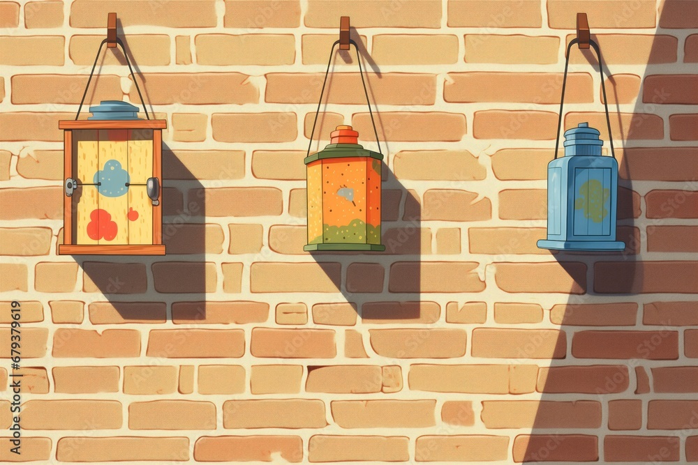 wall-mounted lanterns casting shadows on brick walls