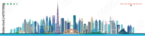 Dubai city landmarks panoramic colourful vector illustration isolated on white background  UAE