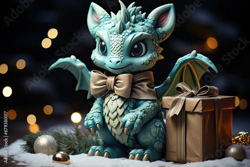 Cute baby dragon with a bow around his neck  with a Christmas gift and balloons  a fir branch on a snowy surface on a sparkling glitter blurred bokeh background