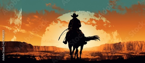 Silhouette cowboy riding horse on sunset background. AI generated image photo