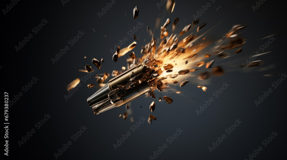 Bullet in slow motion, leaving a trail of fire, smoke and debris behind it. Exploding projectile. A rifle round in mid-flight. On dark background. Flying bullet Close up. Dramatic and dynamic. - obrazy, fototapety, plakaty 