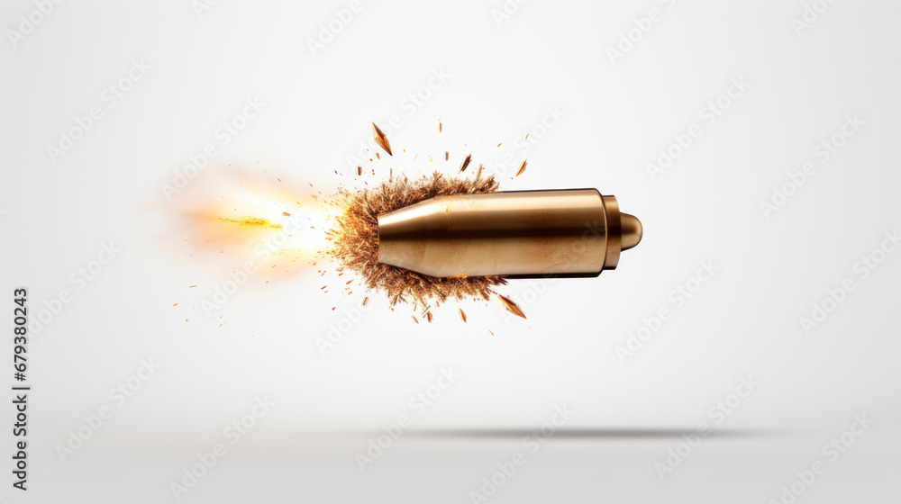 Bullet in slow motion, leaving trail of fire, smoke and debris behind it. Exploding projectile. A rifle round in mid-flight. On light background. Flying bullet Close up. Dramatic and dynamic. - obrazy, fototapety, plakaty 