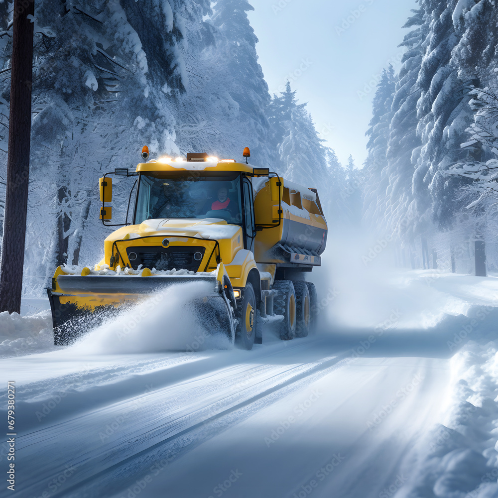truck, snow removal equipment, a yellow vehicle with a bucket cleans