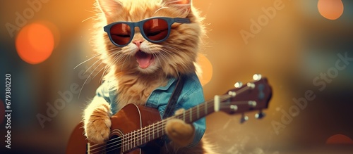 The cat musician in glasses playing acoustic guitar and singing. AI generated