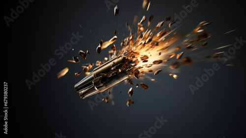 Bullet in slow motion, leaving a trail of fire, smoke and debris behind it. Exploding projectile. A rifle round in mid-flight. On dark background. Flying bullet Close up. Dramatic and dynamic. photo