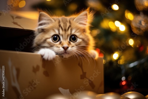 The Christmas cat is sitting in a gift box next to the Christmas tree on the soft bokeh background