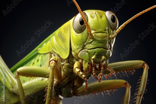 Detailed macro shot of Locust or grasshopper on black background. Insect s body is vibrant green color. Image showcases intricate details of the Locust s body, highlighting its impressive size © Jafree