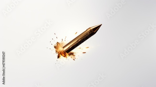 Bullet in slow motion, leaving a trail of fire, smoke and debris behind it. Exploding projectile. A rifle round in mid-flight. On white background. Flying bullet Close up. Dramatic and dynamic. photo