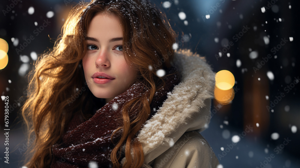 a Beautiful young woman in the snow at Christmastime a Beautiful young woman in the snow at Christmastime