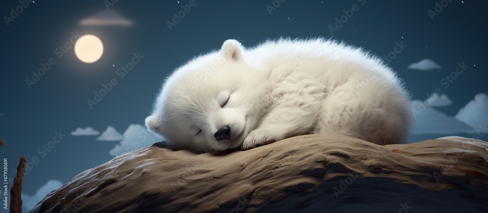 Rendering Cute white baby bear animal sleeping on the Crescent moon - obrazy, fototapety, plakaty 