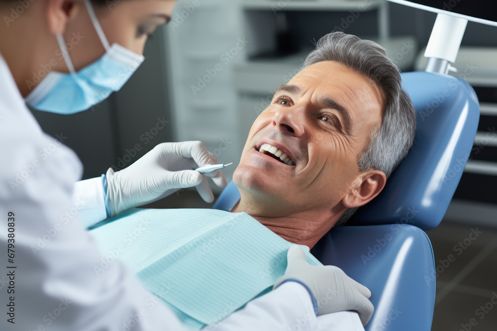 A dentist examining a patient's mouth for potential implant candidacy. Concept of oral health assessment. Generative Ai. - obrazy, fototapety, plakaty 