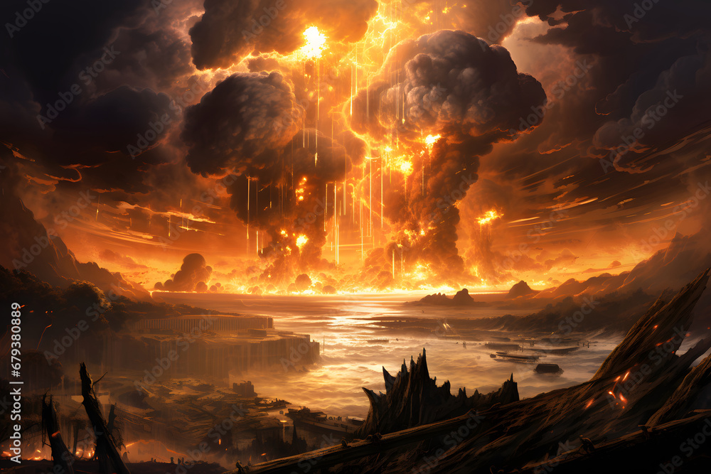 A nuclear explosion, a disaster landscape with a flash of light, a giant column of fire and clouds of smoke. The release of radiant energy. Environmental disaster.