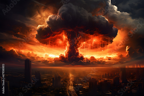 A nuclear explosion  flash of light  a giant column of fire and clouds of smoke. The release of radiant energy. Environmental disaster. An explosion in the form of a huge mushroom.