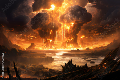 A nuclear explosion, a disaster landscape with a flash of light, a giant column of fire and clouds of smoke. The release of radiant energy. Environmental disaster.