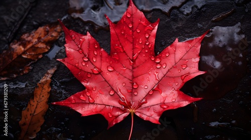 Autumn maple leaf on the background of blue and red water.