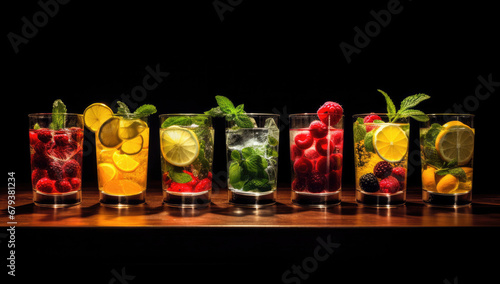 Fresh fruit cocktails closeup food photography low angle