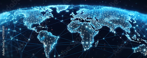 Map grid connection of the planet earth. Global network design. Technology net concept photo