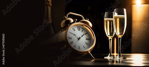 Wine Champagne and clock on table for Party Celebration with dark background. Copy Space