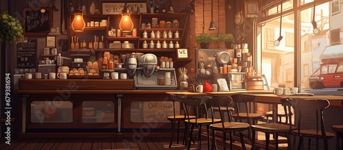 Night view indoor cafe with vintage style. AI generated image