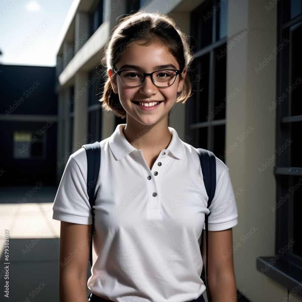 young darkhaired student girl wearing glasses and a perfect white polo smiling at the camera