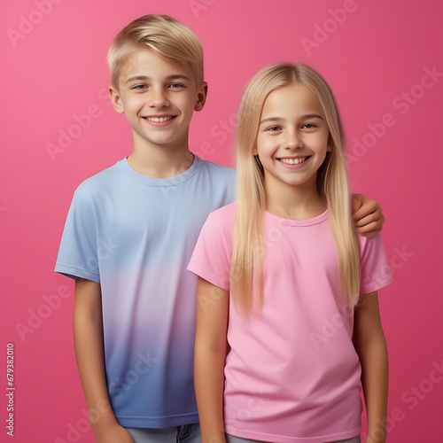 happy blondehaired brother and sister teenagers on a monochrome pink background photo